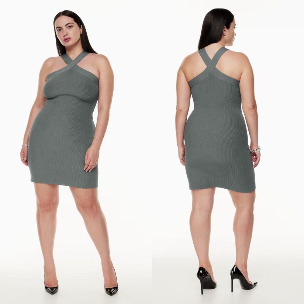 Aritzia Babaton Daze Grey Sculpt Knit Ribbed Criss Cross Halter Mini Dress